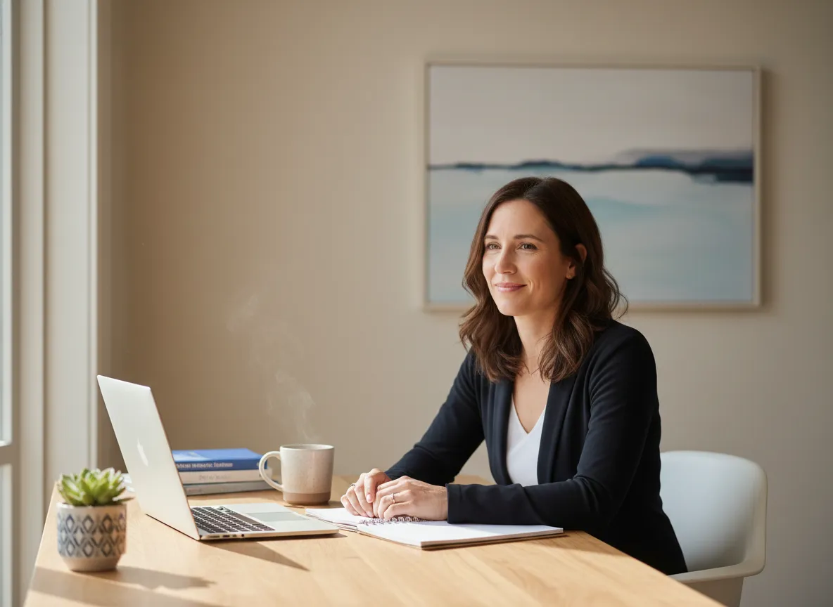 Founder working calmly with organized workspace